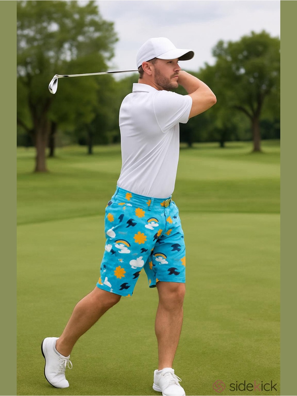 Men's Turquoise Weather Themed Patterned Golf Shorts. 34” Waist
